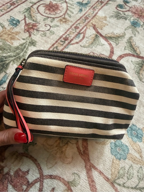 henri bendel Handbags - henri bendel Black and Cream Striped Cosmetic Pouch with Coral Accent